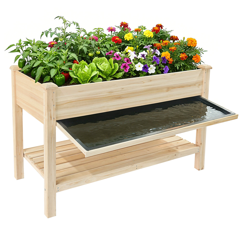 Raised Garden Bed 48x23x31.1-inch Elevated Wood Planter with Water Collection Tray, Storage Shelf, Protective Liner Media 1