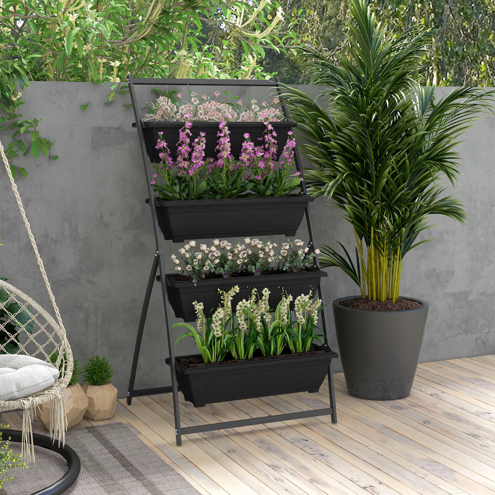 Outsunny Raised Garden Bed, 4 Tier Vertical Garden Planter Set, 4 Outdoor Planter Boxes with Stand, Self Draining Design Elevated Garden for Vegetable, Flowers & Herbs, Black Media 2