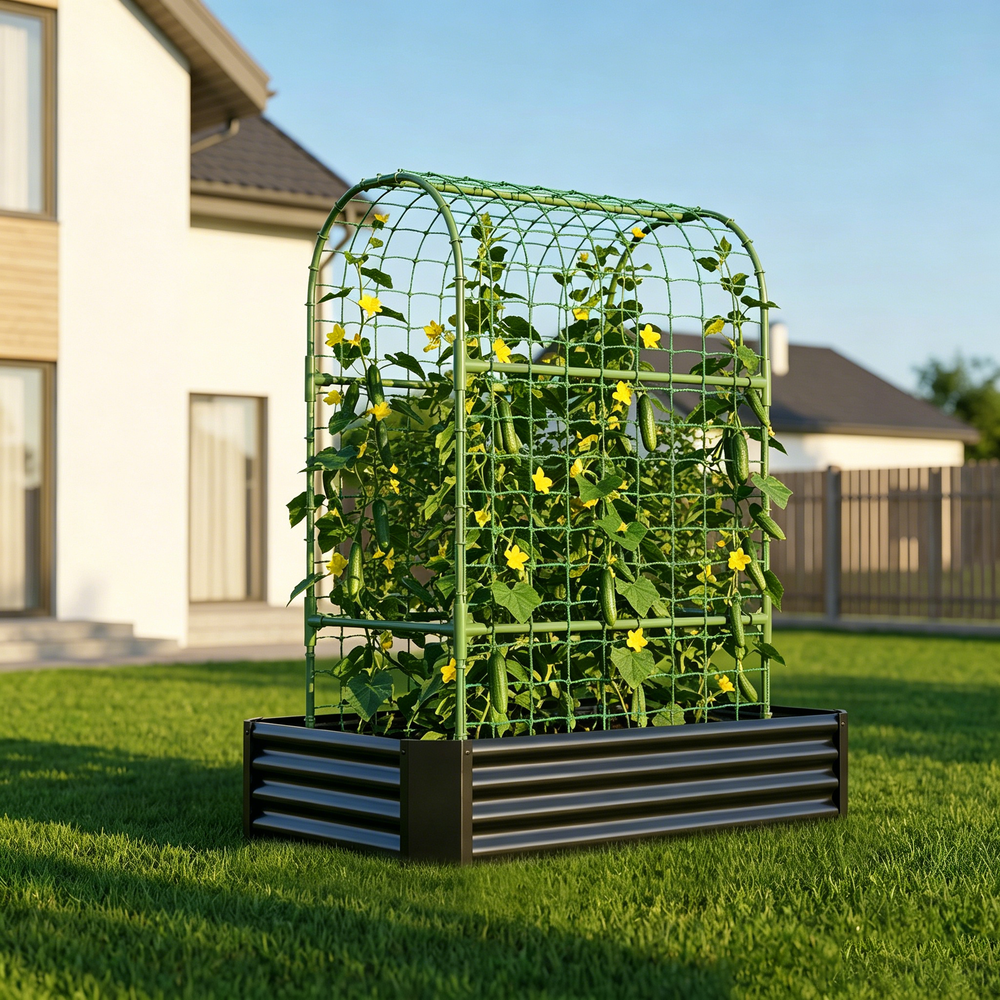 2-in-1 Raised Garden Bed with Trellis - 59' Tall Arch Planter Box for Climbing Plants, Outdoor Galvanized Metal Gardening Bed for Vegetables, Fruits, Flowers (Black, 4x2x1 Ft) Media 3