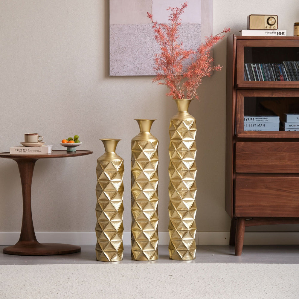 Metal Decorative Vase High Distress Metal Center Vase With 3D Triangle Pattern, Set Of 3 Vases for Home Decoration 33.5', 29.5', 25.2'High, Gold Media 17