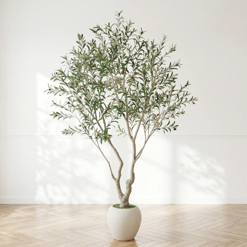 8FT Artificial Olive Tree With Decorative White Pot, Tall Indoor & Covered Outdoor Decorative Tree, 1pc/set