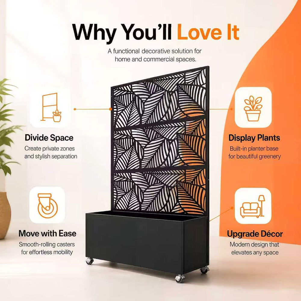 70.87' H × 46.06' W Leaf Pattern Privacy Screen with Planter Box, Black Metal Freestanding Decorative Fence Planter for Patio Balcony Backyard Media 5