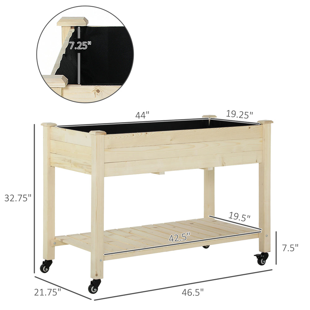 Outsunny Raised Garden Bed with Lockable Wheels and Storage Shelf, Natural Wood, 47 x 22 x 33 Inches Media 3