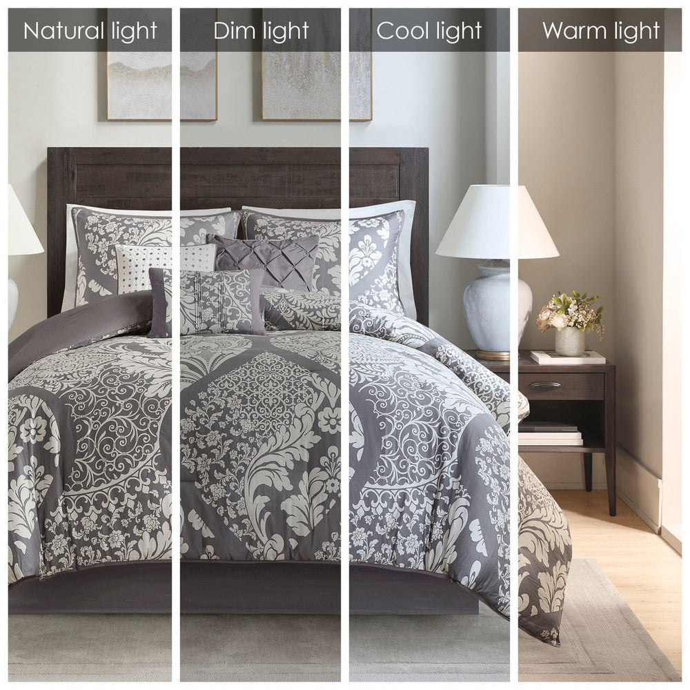 7 Piece Cotton Printed Comforter Set Grey Queen Media 9