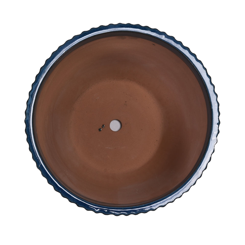 Handmade Denim Blue Glaze Ceramic Planter Set of 4, 7/9/12/14 Inch, Horizontal Grooves, Indoor & Outdoor Herb Succulent Pots, Breathable Clay with Drainage Holes Media 11