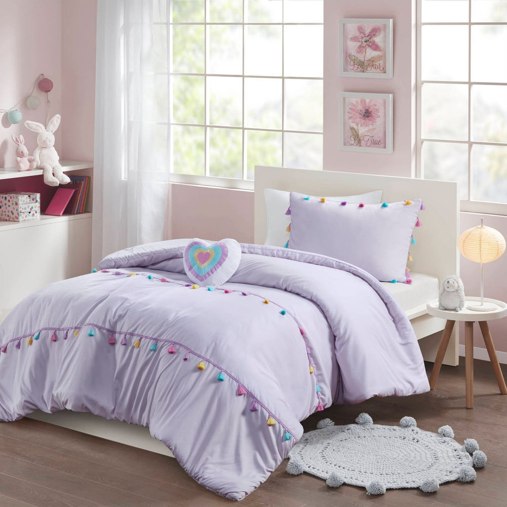 3 PCS Twin Tassel Comforter Set with Heart Shaped Throw Pillow Lavender Media 1