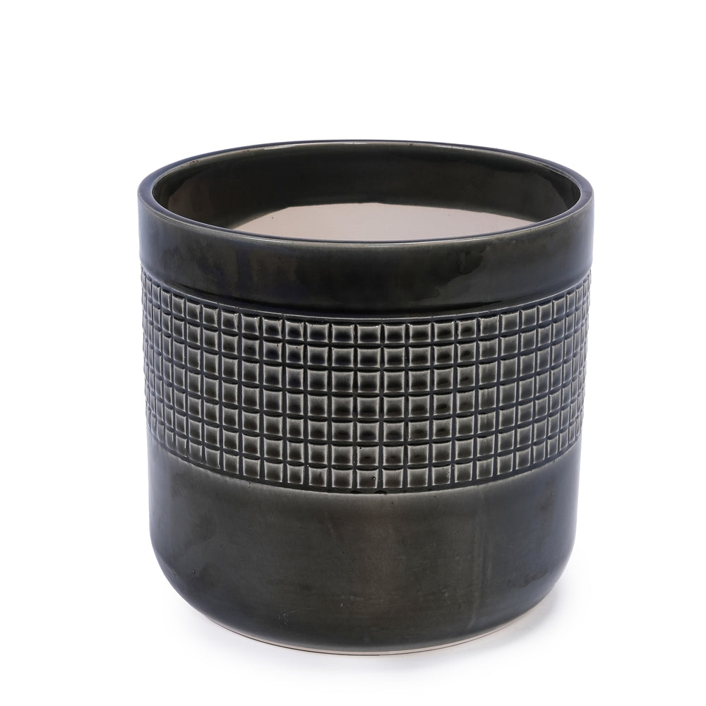 Handmade Black Glazed Ceramic Planter Set of 3, 9' 7' 6' Diameter, Grid Pattern, for Succulents & Cacti Indoor/Outdoor Shelf & Table Use, Porous Clay with Drainage Holes Media 9