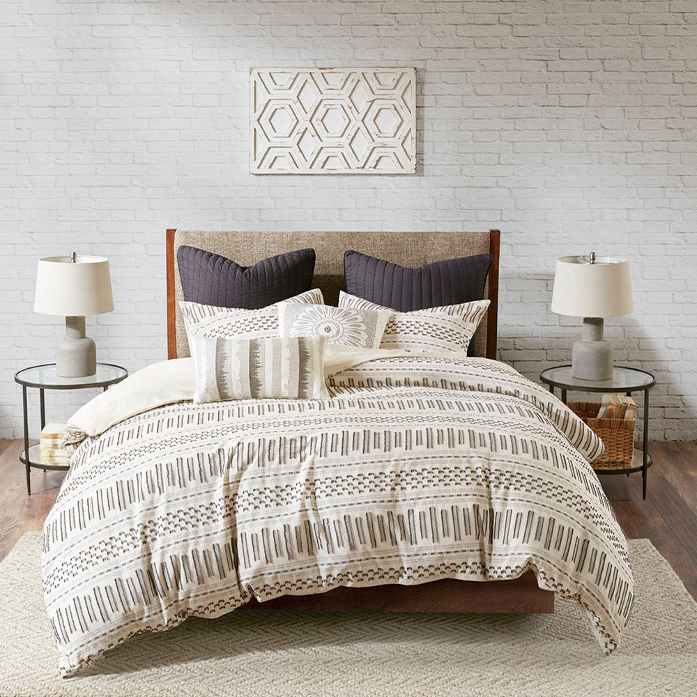 Cotton Jacquard Comforter Mini Set Ivory/Charcoal King/Cal King Media 2