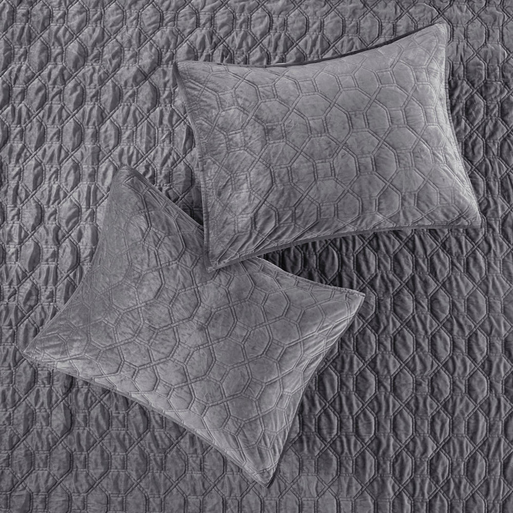 3 Piece Velvet Quilt Set Grey Full/Queen Media 8
