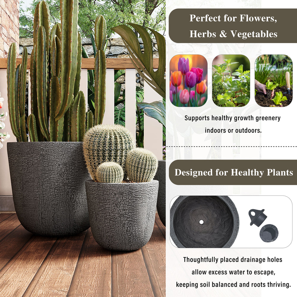 U_STYLE Lightweight MGO Planter Set of 3,16.93'+13.78'+11.02' Dia Round Concrete Stackable Flower Pots with Drainage Holes and Rubber Plug,Crackle Stone Texture for Patio Garden Balcony Indoor Outdoor Media 6