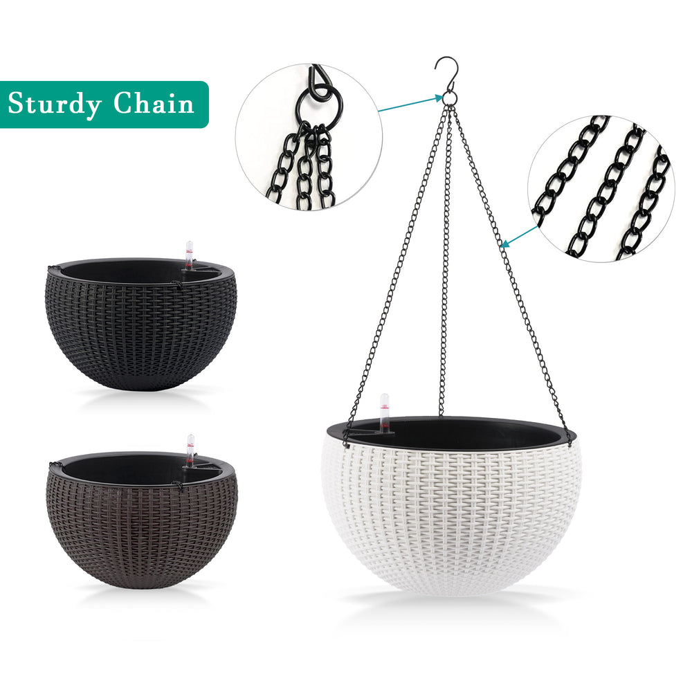 13.4 inch Self-Watering Hanging Rattan-Inspired Planter Large Capacity, Root-Rot Resistant Water Storage with Water Level Indicator, Dual-Use for Indoor & Balcony Decoration (Pack of 2, White) Media 7