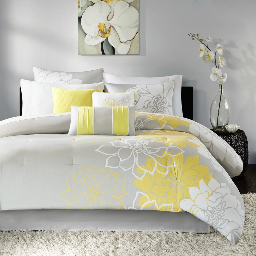 Printed Cotton Sateen Comforter Set Taupe Grey/Yellow Cal King Media 7