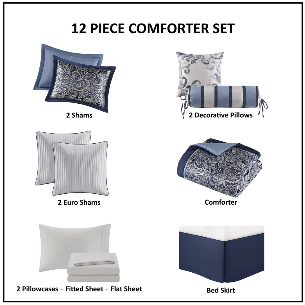 12 Piece Comforter Set with Cotton Bed Sheets Navy Cal King Media 5