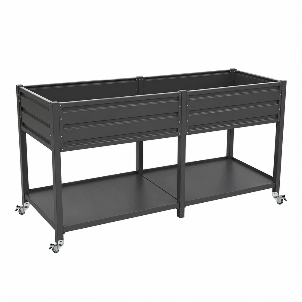 Dual Tier Elevated Metal Raised Garden Bed with Lockable Wheels & Lower Storage Shelf, Dark Gray Staggered Raised Planter Box for Vegetables Herbs Flowers, Outdoor Patio Backyard Raised Planting Bed Media 11