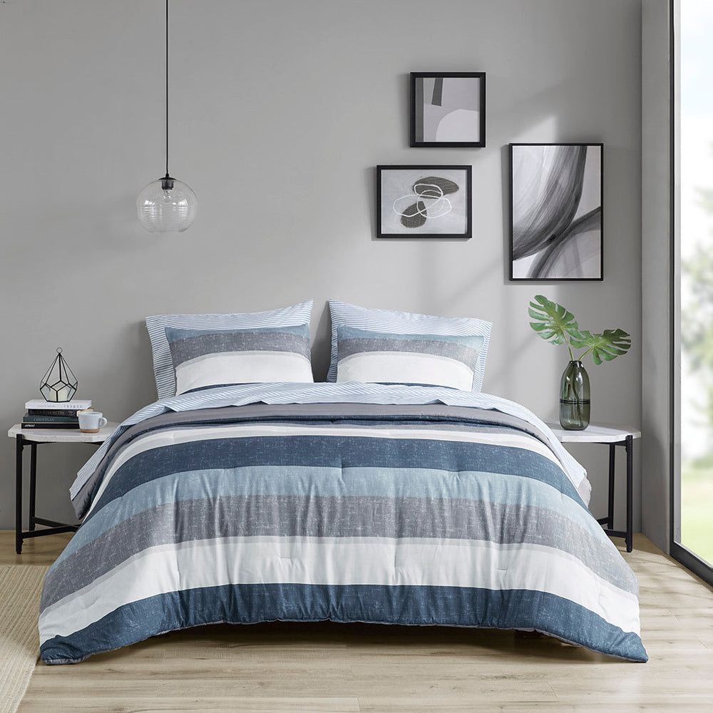 Stripe Comforter Set with Bed Sheets Blue/Grey Full Media 3
