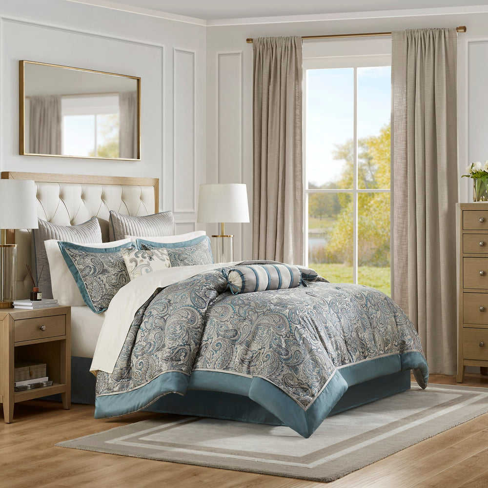 12 Piece Comforter Set with Cotton Bed Sheets Teal Cal King Media 1