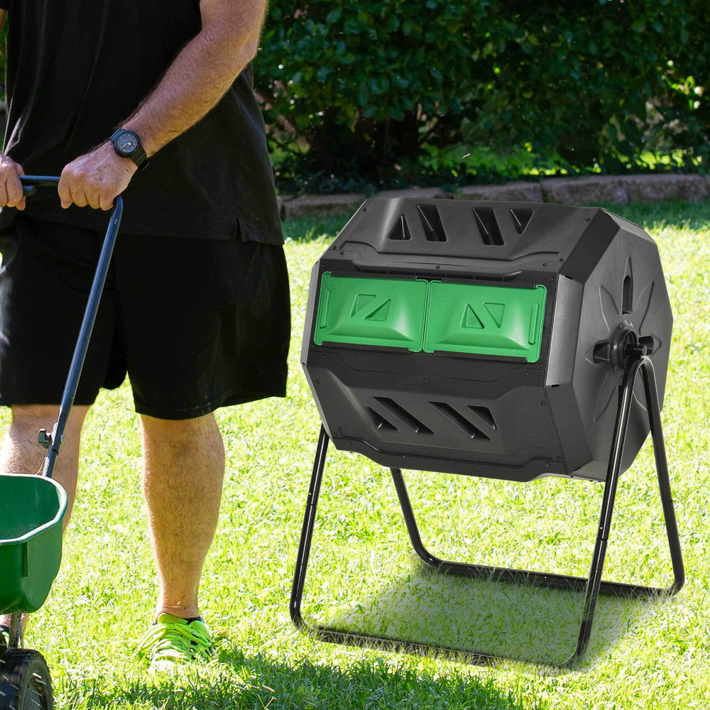 Outsunny Tumbling Compost Bin Outdoor 360° Dual Chamber Rotating Composter 43 Gallon, Green Media 8