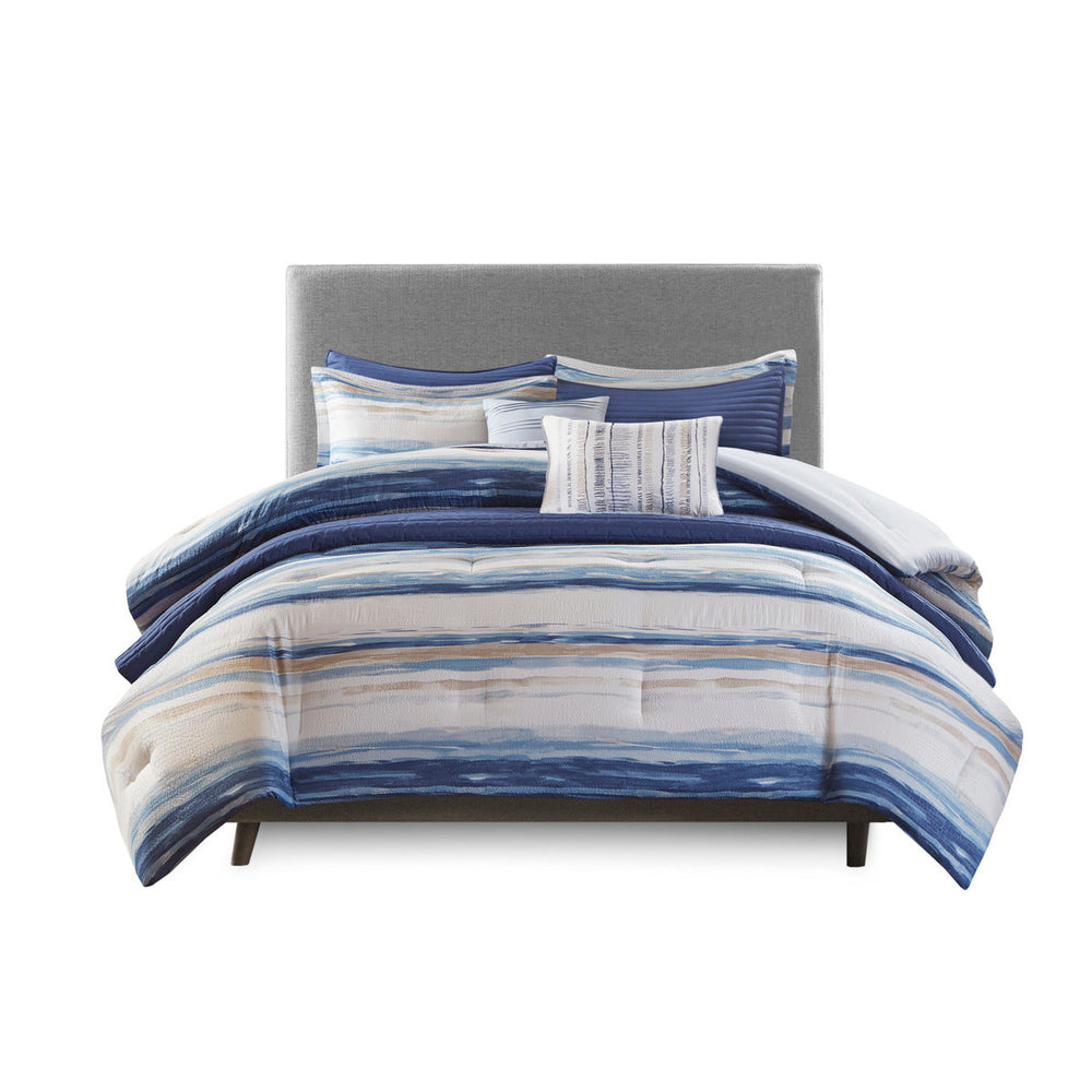 8 Piece Printed Seersucker Comforter and Quilt Set Collection Blue King/Cal King Media 9