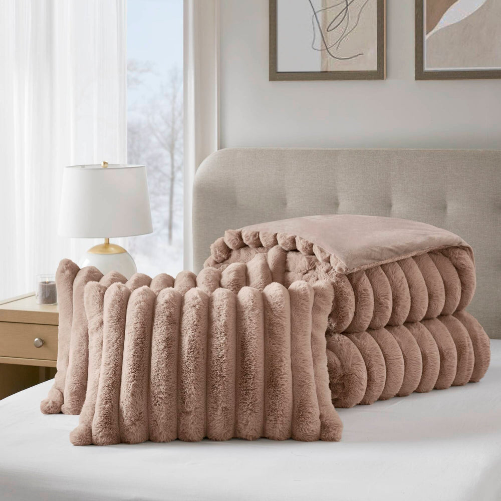 3 Pieces King Ultrasoft Faux Fur Ribbed Comforter Set,Mocha Media 15