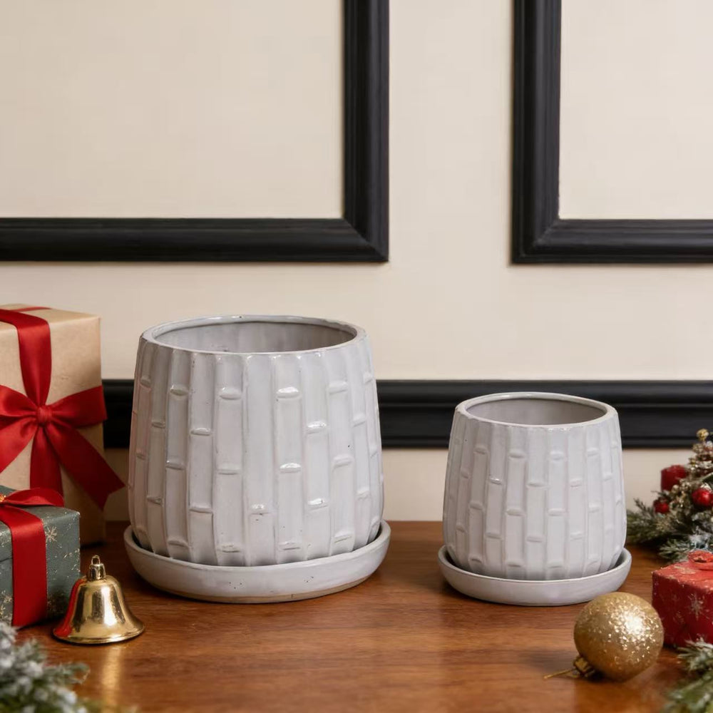 Handmade White Glazed Ceramic Planter Set of 2, 6' & 8' Diameter, Bamboo-like Pattern, for Orchids Indoor/Outdoor Shelf & Table Use, Breathable Clay Media 5