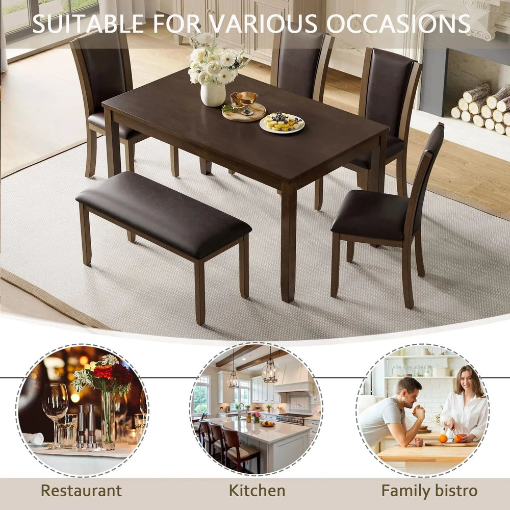 Dining Table Set Bent Wood & Rubber Wood 6 Person Farmhouse Dining Room Media 3