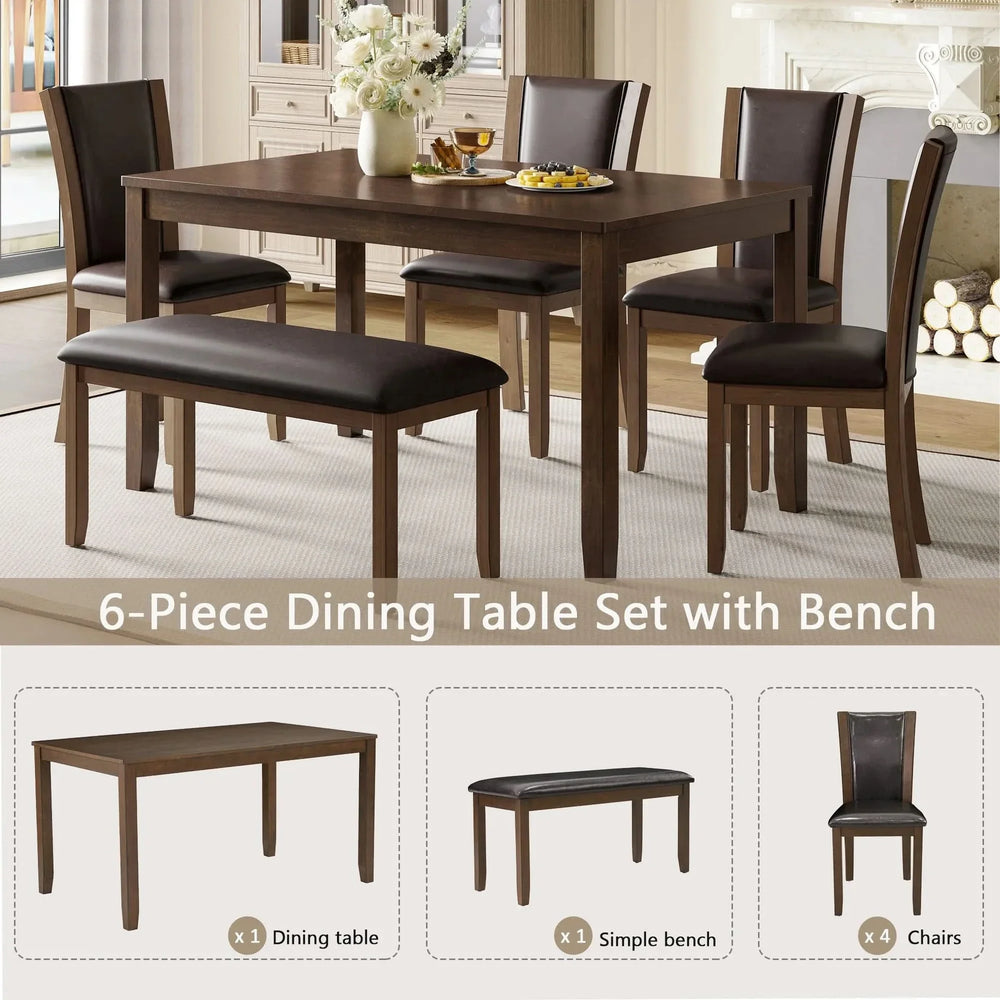 Dining Table Set Bent Wood & Rubber Wood 6 Person Farmhouse Dining Room Media 6