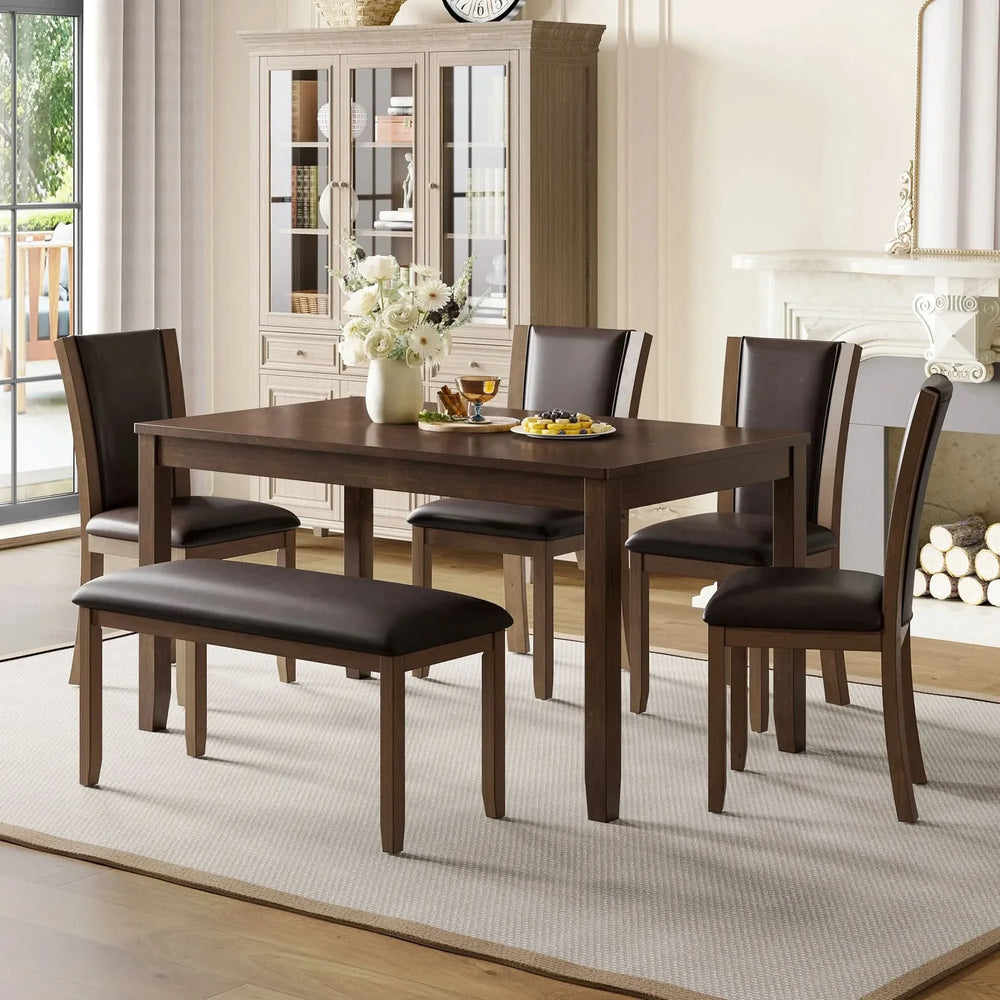 Dining Table Set Bent Wood & Rubber Wood 6 Person Farmhouse Dining Room Media 2
