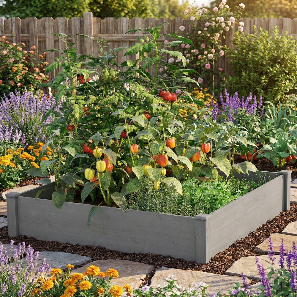 Raised Garden Bed 48x48x10'', Outdoor Wood Planter Box Over Floor, Tool-Free Assembly Media 3