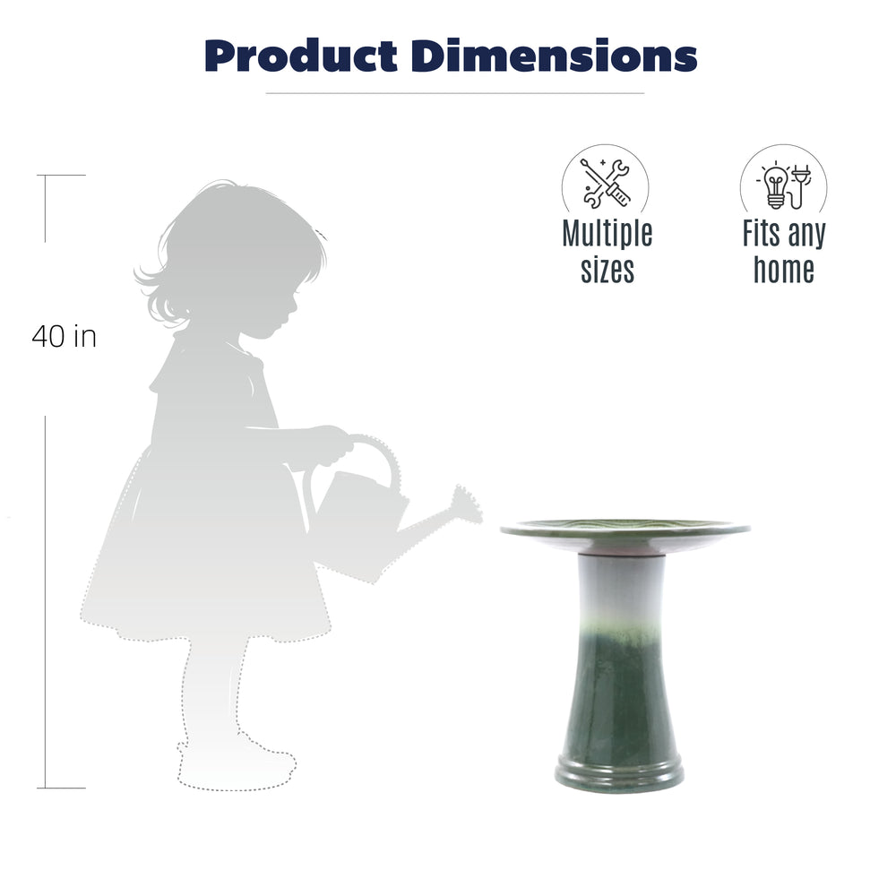 Handmade glazed ceramic bird bath, 17' concentric ripple embossed tray & 18' pedestal base, white to sage green ombre gradient glaze outdoor bird feeder for yard, lawn, patio & backyard Media 5