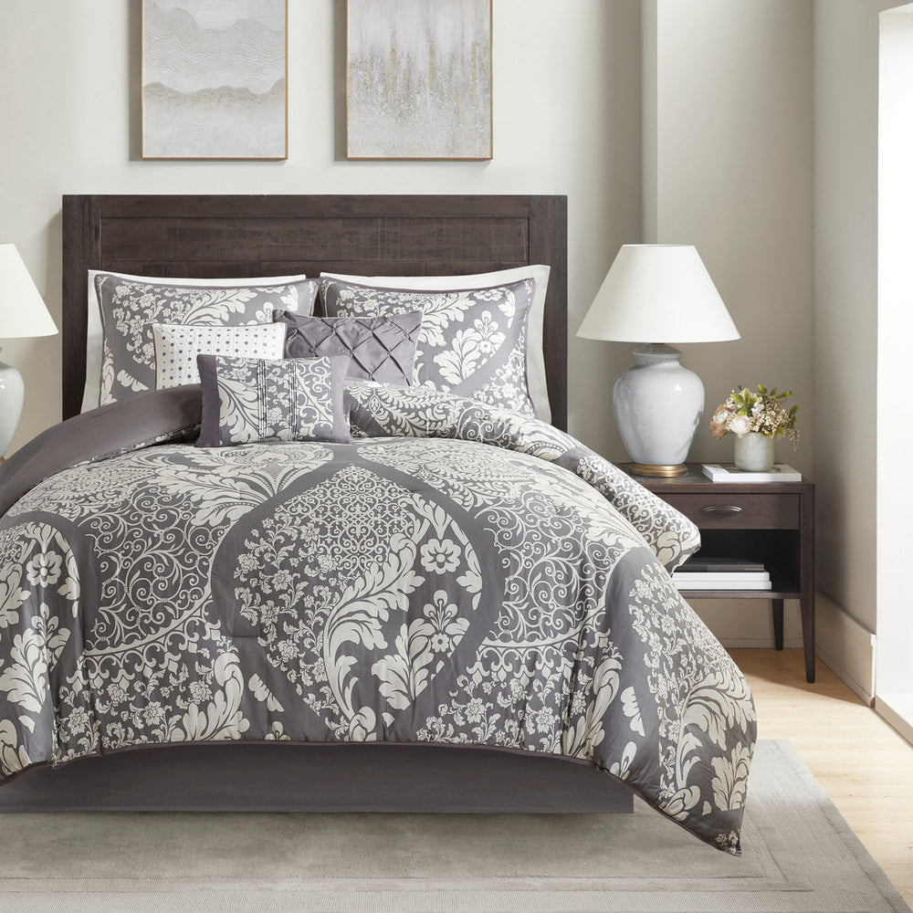 7 Piece Cotton Printed Comforter Set Grey King Media 1