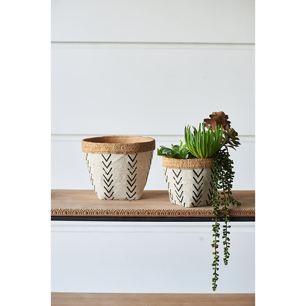 Set of 2 White and Brown Cement Planters with V Pattern, L:D10x8'  S:D8x6.5' Media 1