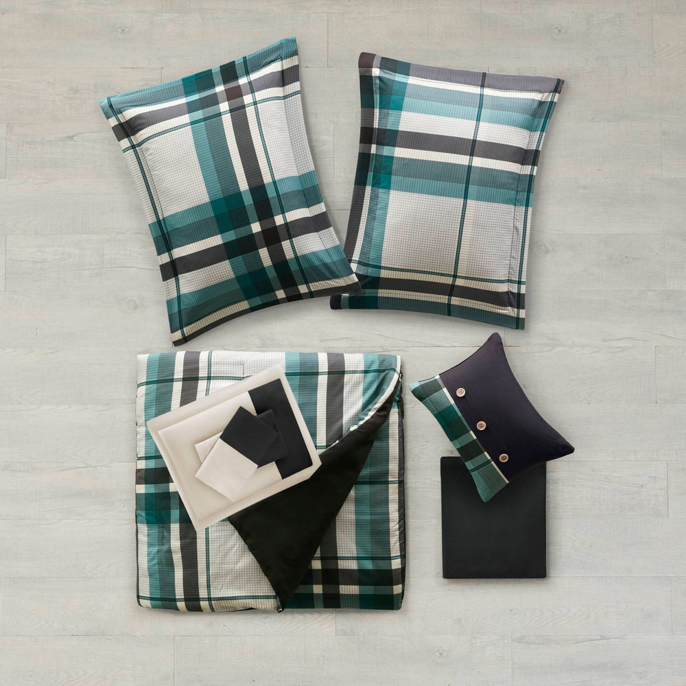 7 PCS Twin Plaid Comforter Set with Bed Sheets Teal/Black Media 3