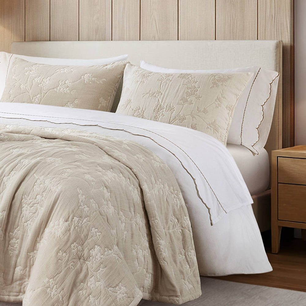 3 Pieces King Jacquard Cotton Gauze Quilt Set,Linen Media 2