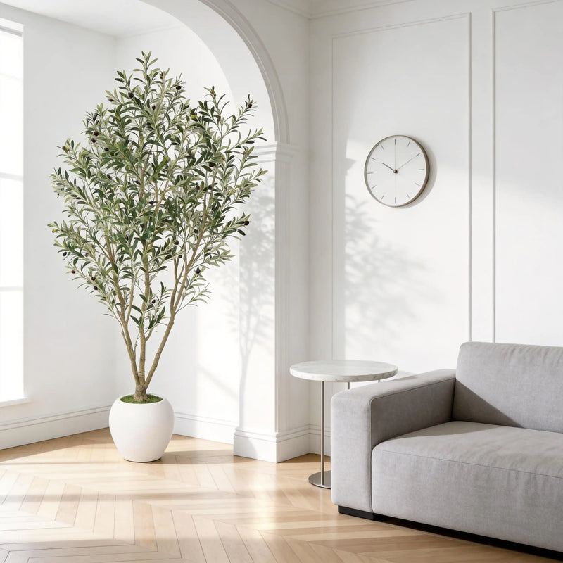 8FT Artificial Olive Tree With Big Decorative White Planter, Tall Indoor & Covered Outdoor Decorative Tree, 1pc/set