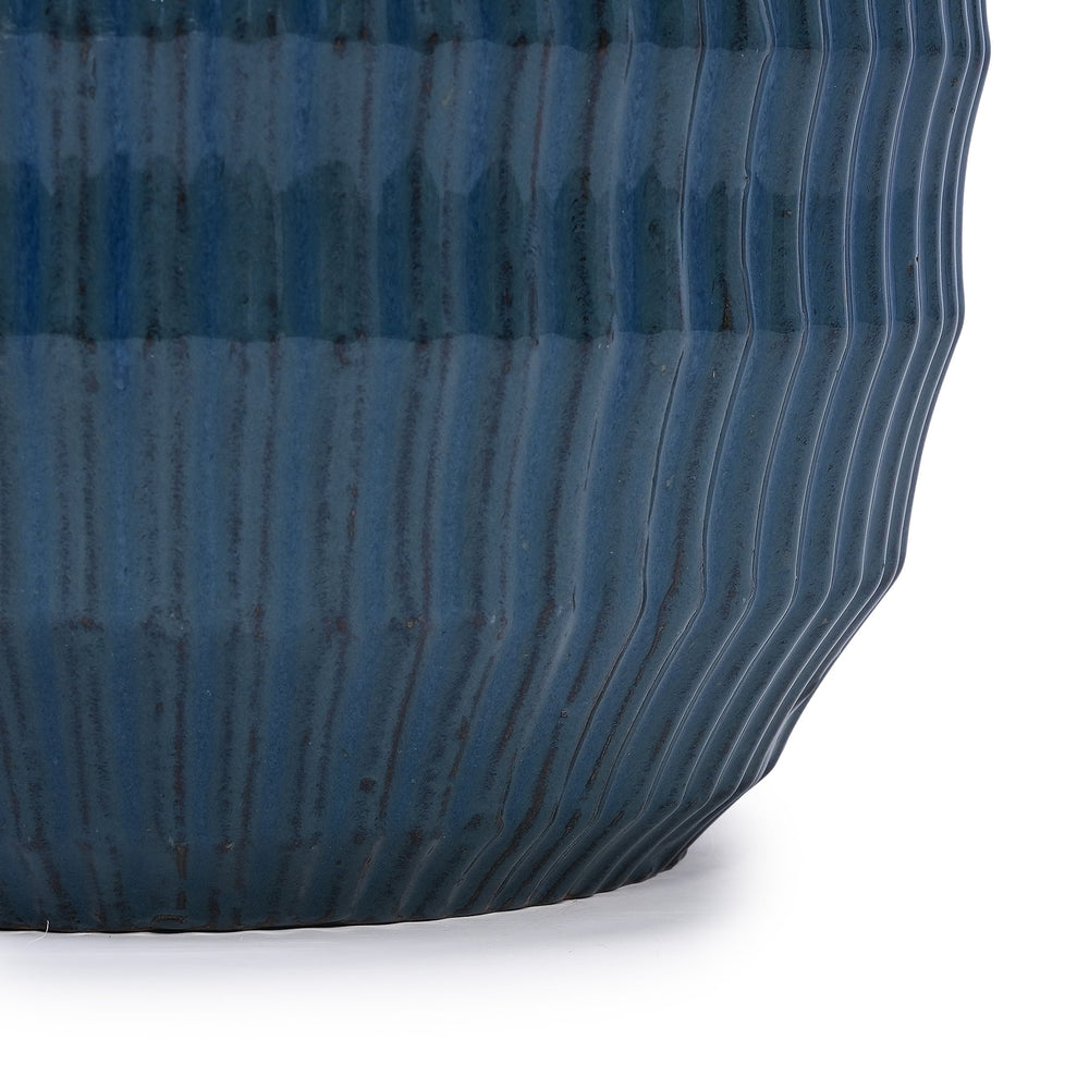 Handmade Denim Blue Glaze Ceramic Planter Set of 4, 7/9/12/14 Inch, Horizontal Grooves, Indoor & Outdoor Herb Succulent Pots, Breathable Clay with Drainage Holes Media 15