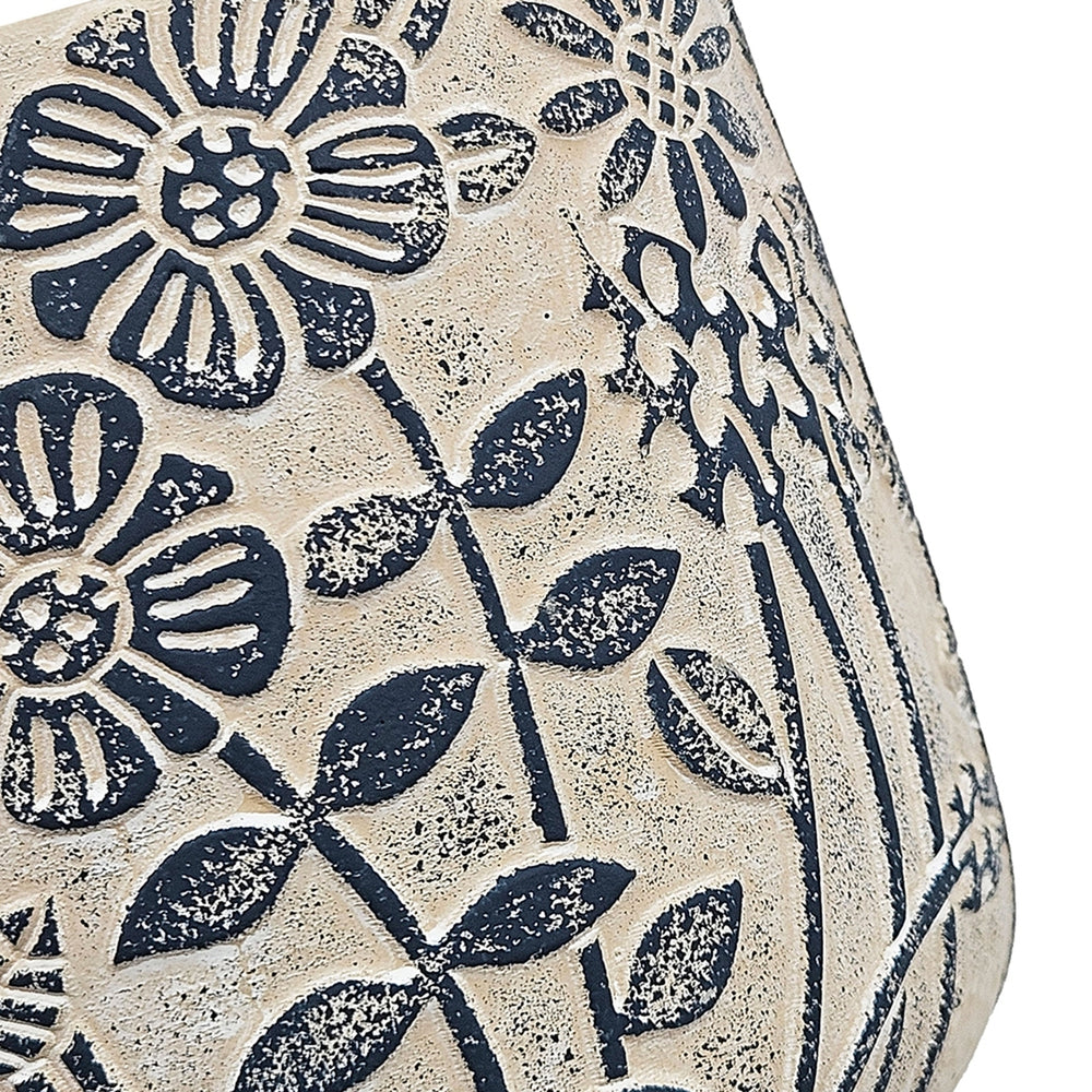 S/2 Gray Sand and Cement Planters with Blue Floral Motif, L:D7x6.7' S:D5.5x5' Media 9