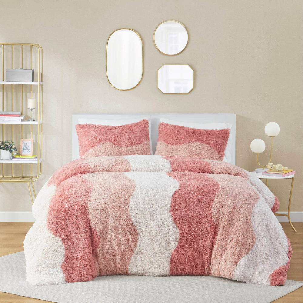 2 PCS Twin/Twin XL Ombre Shaggy Faux Fur Duvet Cover Set Blush Multi Media 12