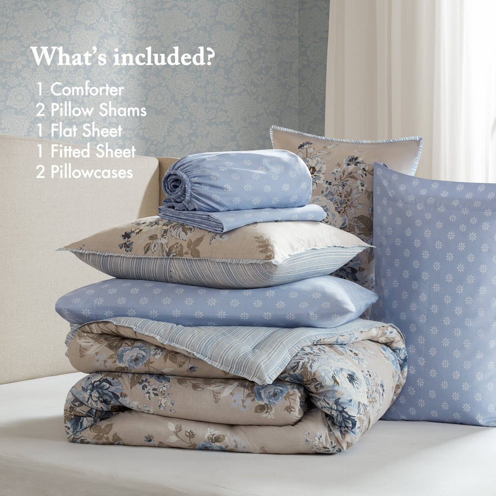 7-Piece Full 7 Piece Vin -inspired Collection floral print,Beige/Blue Media 6