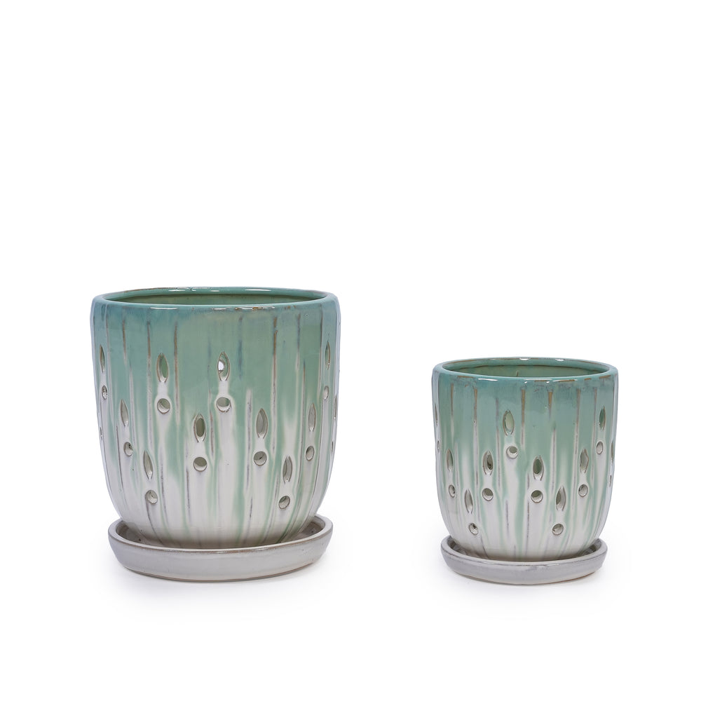 Set of 2 Ceramic Flowerpot with Drainage Hole, 8' Modern Planter for Patio, Garden, Windowsill - White Green Media 1