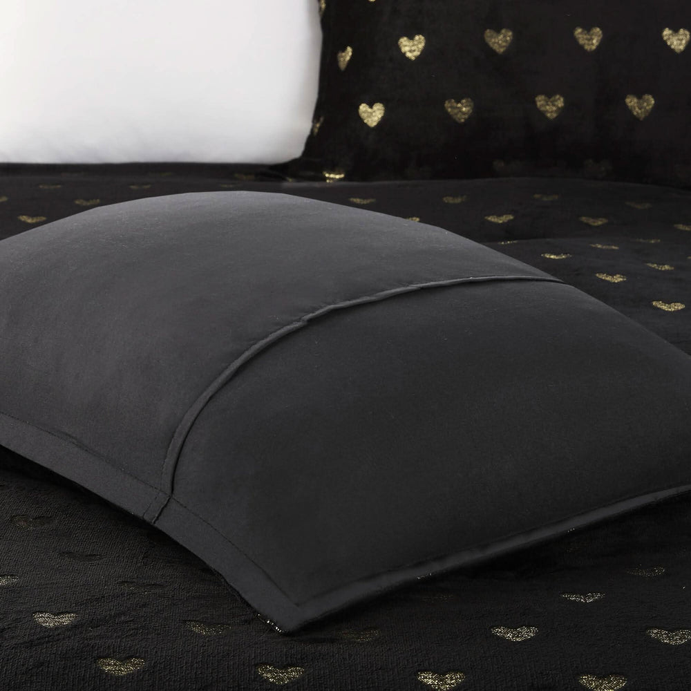 Plush Comforter Set & Black Gold Heart Print Full Queen Bedding 4 Piece with Throw Pillow Media 2