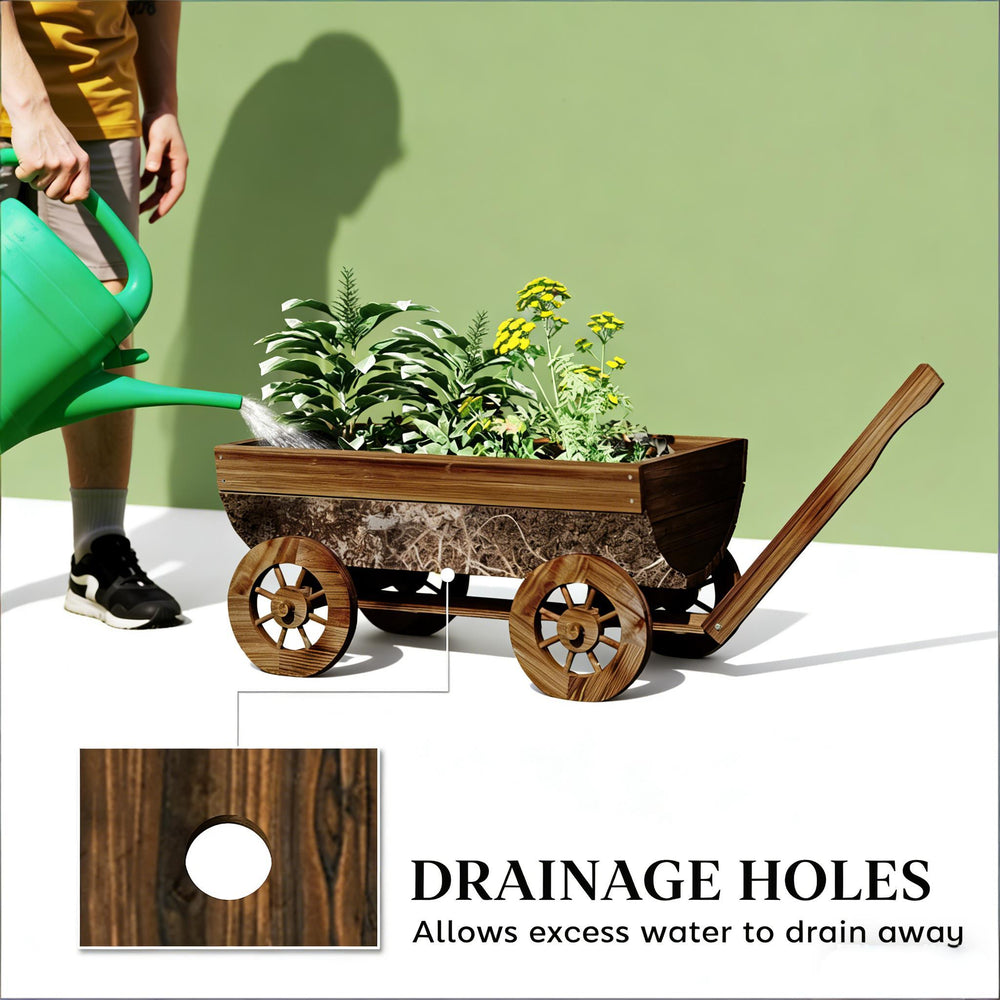 Small Wheelbarrow Wagon Flower Cart,Wooden Mobile Garden Planter Media 6
