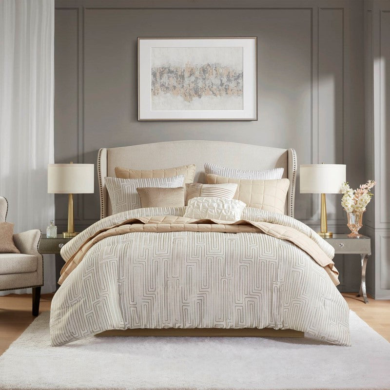 10 PCS Cal King Luxury Jacquard Comforter Set Ivory Media 1