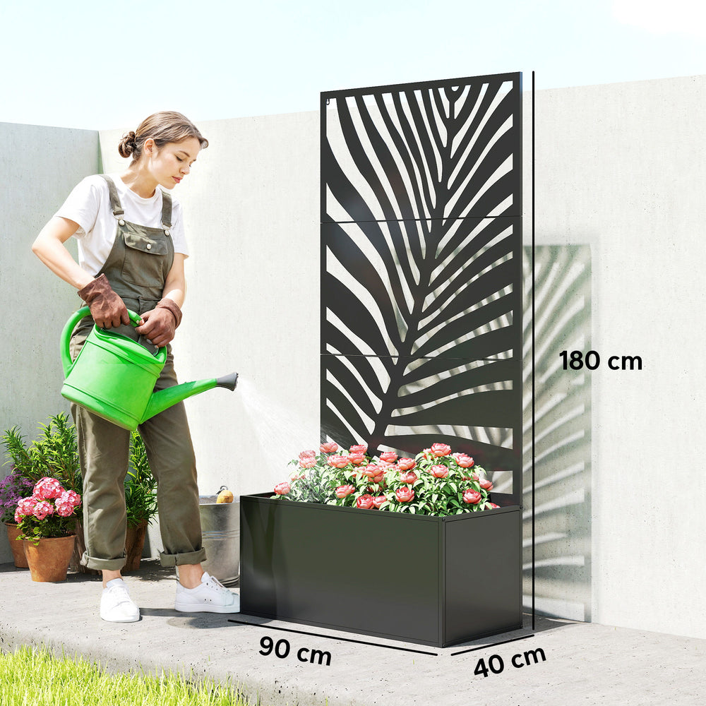 Outsunny Metal Planter Box with Trellis, Raised Garden Bed with Privacy Screen for Climbing Plants, Leaf Cut-Out Privacy Planter Media 8