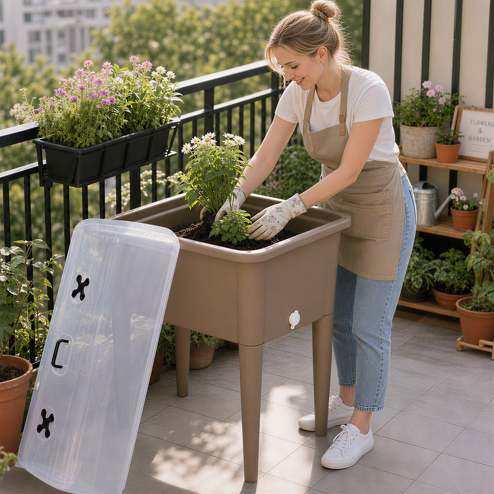 2PCS Raised Garden Bed with Ventilated Transparent Greenhouse Lid, Elevated Planter Box with Removable Legs for Vegetables & Flowers, light brown Media 12