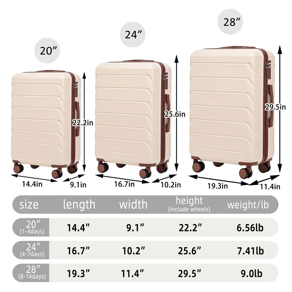Abs Luggage Set 20 24 28 Inches 3 Piece Beige Durable Spinner Wheels & Combination Lock Media 3