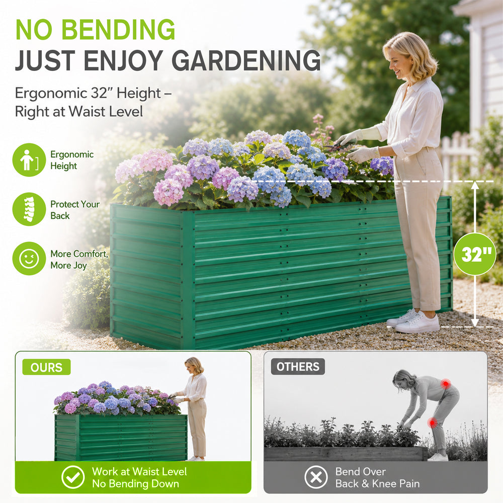 93.7' x 31.5' x 32.3' Raised Garden Bed Kit, 32' Ergonomic Height No Bending Metal Planter Box, Open-Ended Base for Drainage, 8 Reinforcing Rods, Rustproof Steel – Easy Assembly Media 6