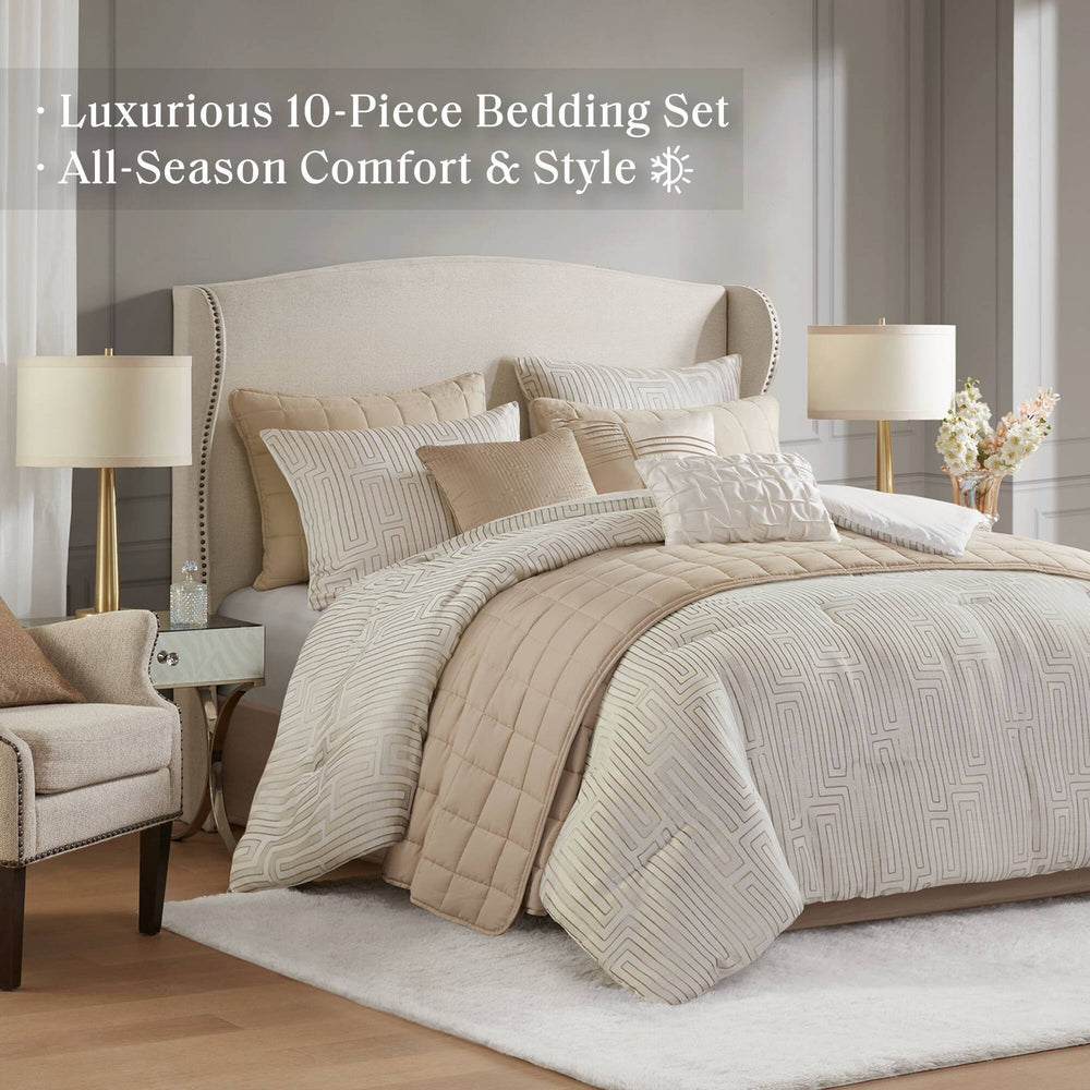 10 PCS Cal King Luxury Jacquard Comforter Set Ivory Media 3