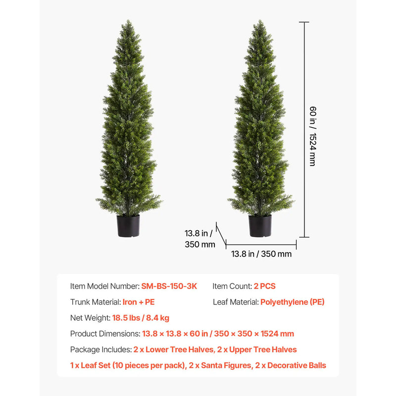 Artificial Topiary Cedar Trees, 60 inch 2 Set Faux Pine Shrubs Plants, Fake Silk Tree Look Real, Easy Assembly for Decor Front Porch Outdoor Patio Garden Balcony Backyard Indoor Office