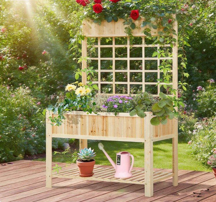 Wooden Raised Garden Bed , Coutryside Style Elevated Planter Box Stand w Media 1