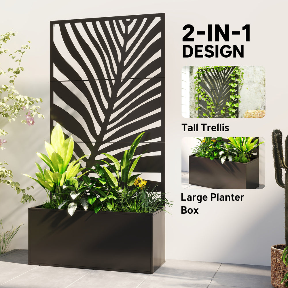 Outsunny Metal Planter Box with Trellis, Raised Garden Bed with Privacy Screen for Climbing Plants, Leaf Cut-Out Privacy Planter Media 7